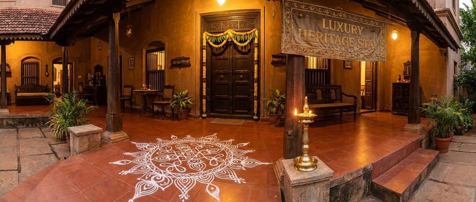 Traditional South Indian home entrance with kolam