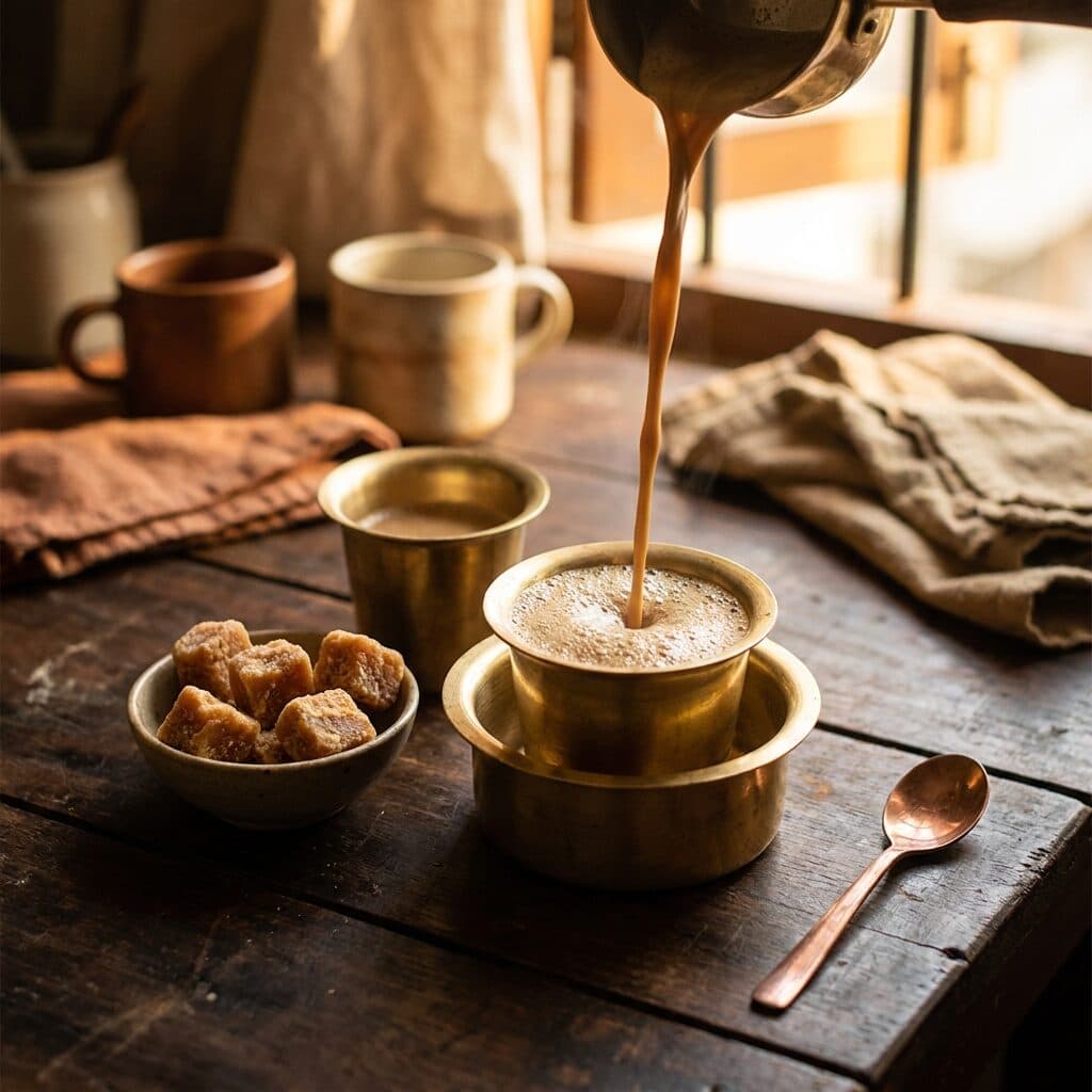 South Indian filter coffee in brass dabara