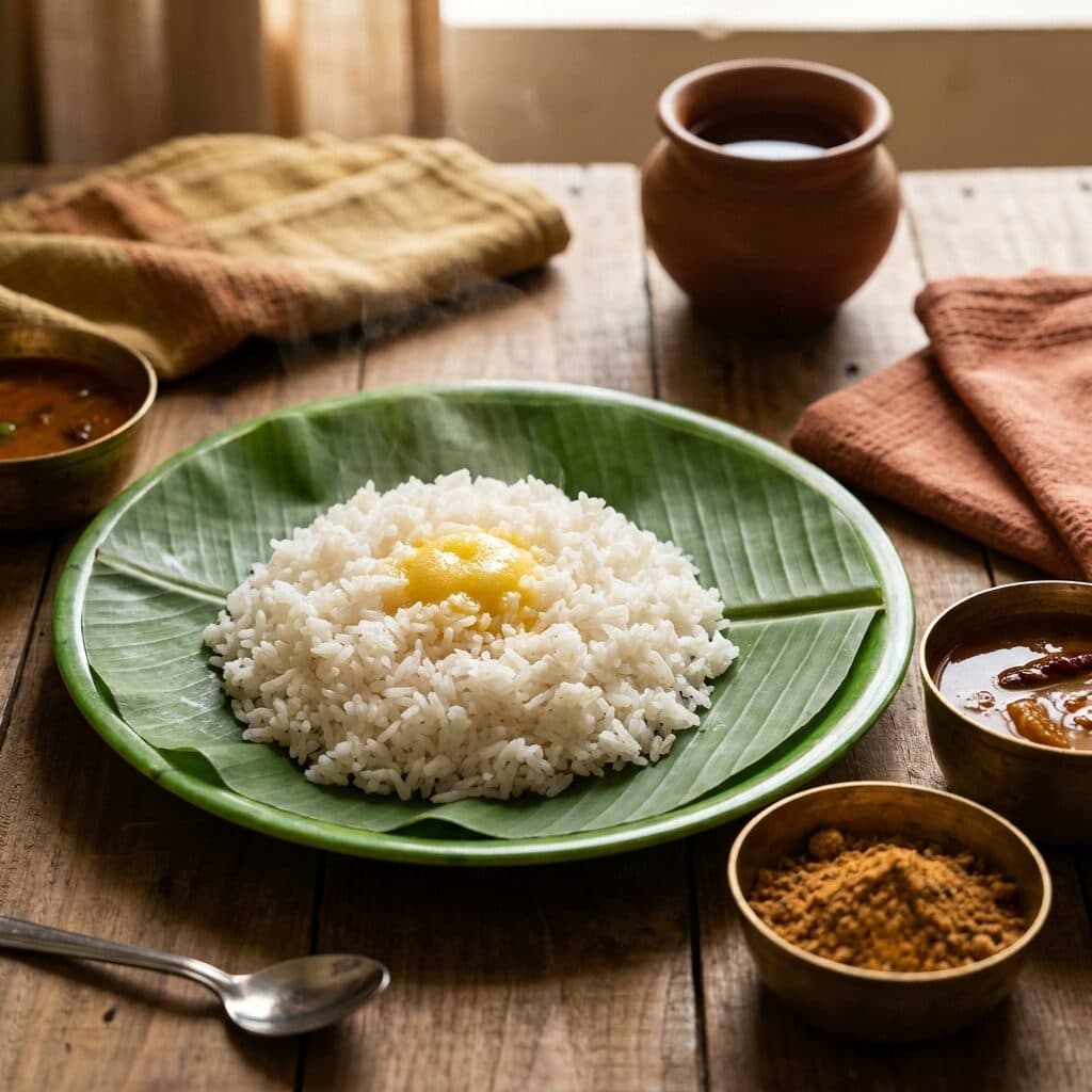 Ghee melting over hot rice on banana leaf