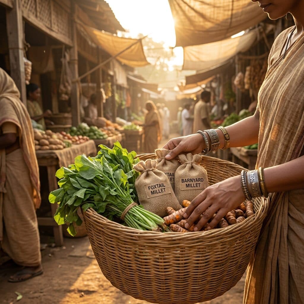 Cane basket of fresh organic produce