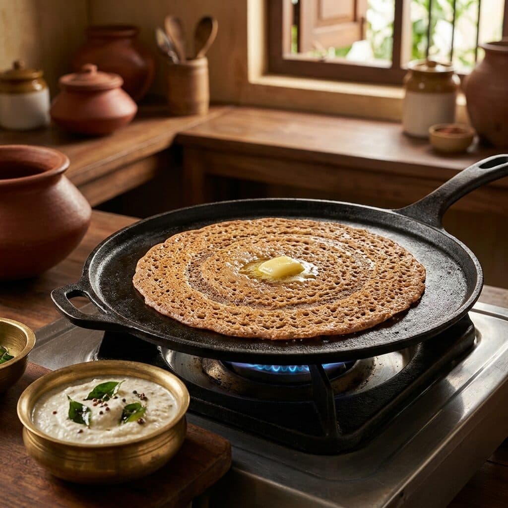 Ragi dosa on cast iron griddle
