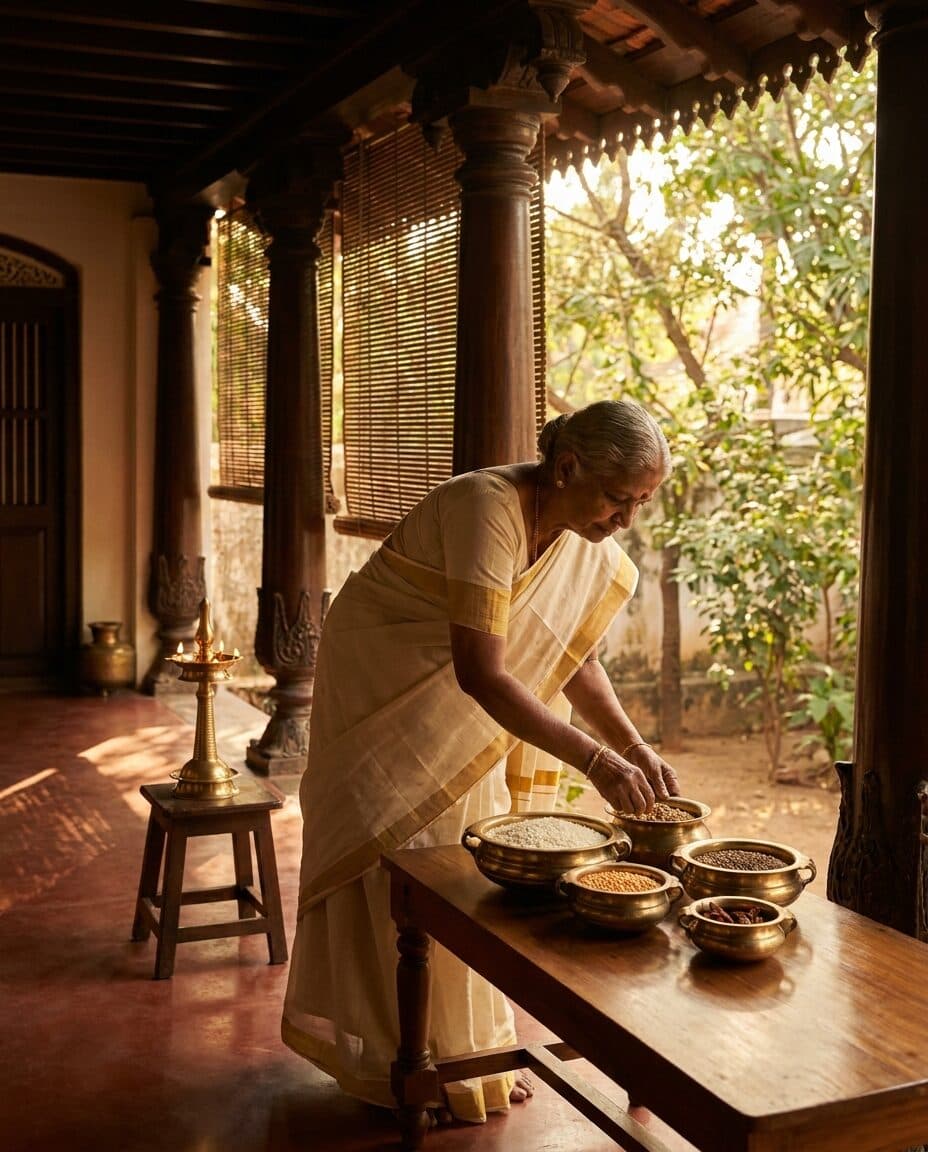 Traditional South Indian home with brass vessels of grains